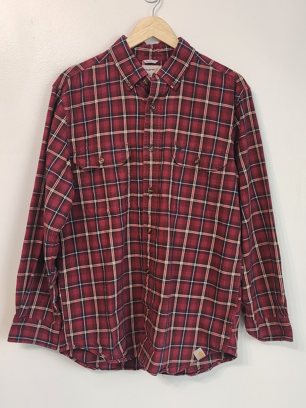 Carhartt Men Medium Workwear Relaxed Fit Plaid Red Button Down Shirt Outdoors